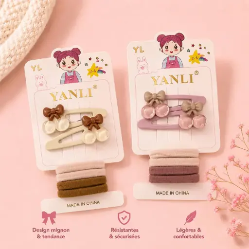 Lot de Barrettes Cerise + Élastiques